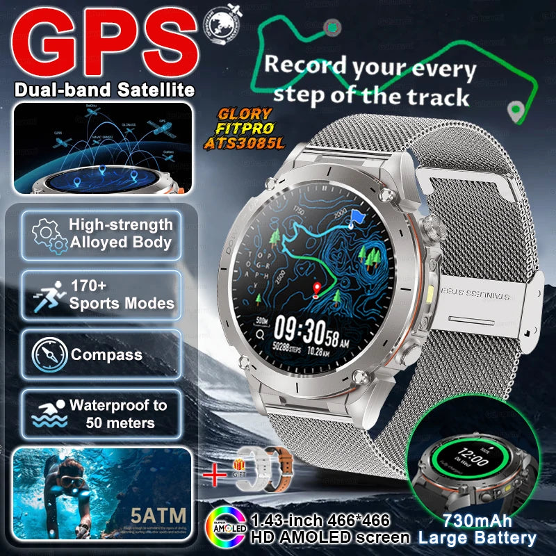 2025 New Military Outdoor Sport Smart Watch Men's 730 mAh Battery Waterproof GPS Satellite Positioning Health Fitness Smartwatch