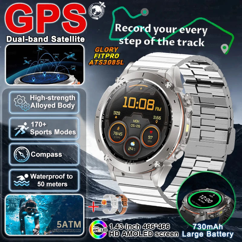 2025 New Military Outdoor Sport Smart Watch Men's 730 mAh Battery Waterproof GPS Satellite Positioning Health Fitness Smartwatch