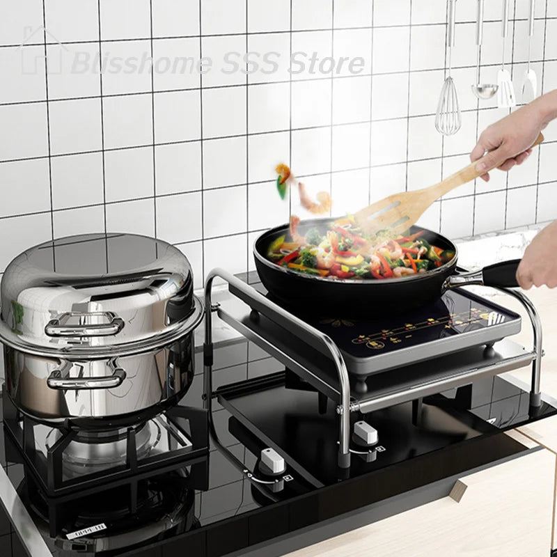 【S】Kitchen Stainless Steel Induction Cooker Rack Floor Mounted Multifunctional Shelf Gas Stove Support Kitchen Accessories