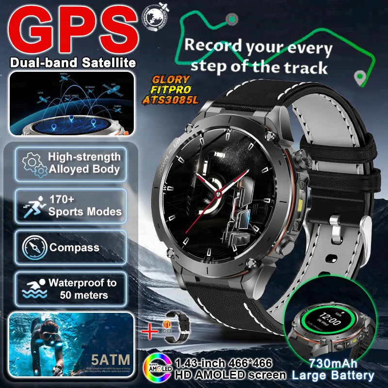 2025 New Military Outdoor Sport Smart Watch Men's 730 mAh Battery Waterproof GPS Satellite Positioning Health Fitness Smartwatch