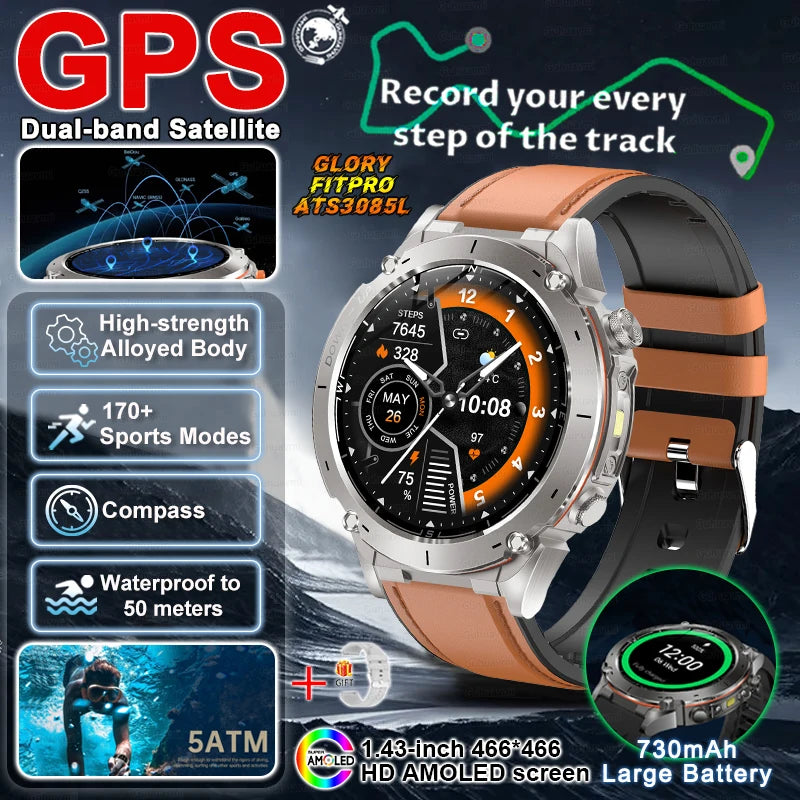 2025 New Military Outdoor Sport Smart Watch Men's 730 mAh Battery Waterproof GPS Satellite Positioning Health Fitness Smartwatch