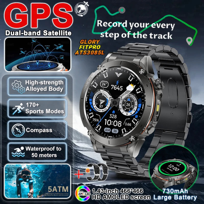 2025 New Military Outdoor Sport Smart Watch Men's 730 mAh Battery Waterproof GPS Satellite Positioning Health Fitness Smartwatch