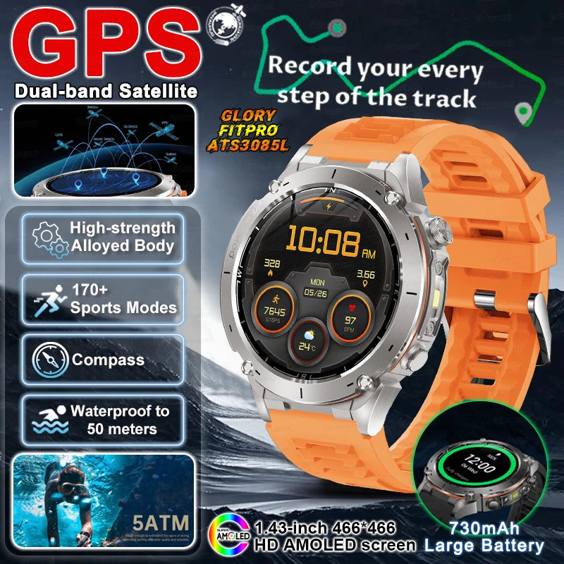 2025 New Military Outdoor Sport Smart Watch Men's 730 mAh Battery Waterproof GPS Satellite Positioning Health Fitness Smartwatch