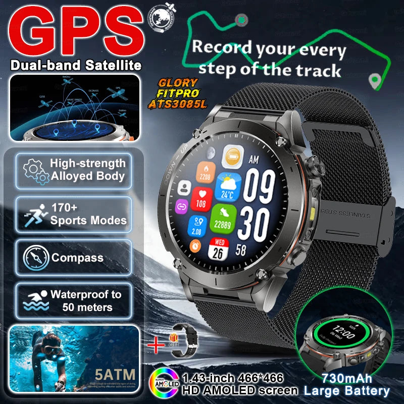 2025 New Military Outdoor Sport Smart Watch Men's 730 mAh Battery Waterproof GPS Satellite Positioning Health Fitness Smartwatch