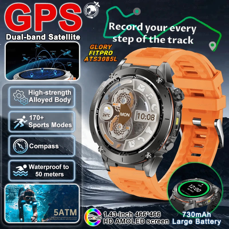 2025 New Military Outdoor Sport Smart Watch Men's 730 mAh Battery Waterproof GPS Satellite Positioning Health Fitness Smartwatch