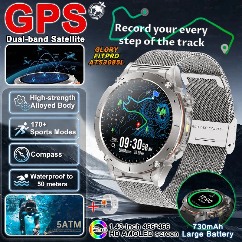 2025 New Military Outdoor Sport Smart Watch Men's 730 mAh Battery Waterproof GPS Satellite Positioning Health Fitness Smartwatch