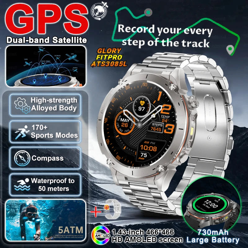 2025 New Military Outdoor Sport Smart Watch Men's 730 mAh Battery Waterproof GPS Satellite Positioning Health Fitness Smartwatch