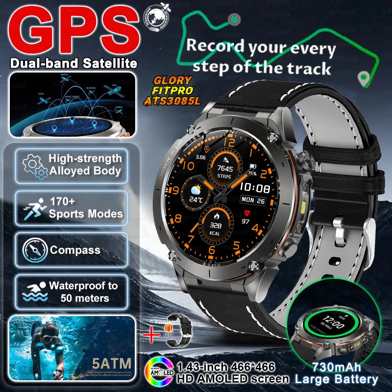 2025 New Military Outdoor Sport Smart Watch Men's 730 mAh Battery Waterproof GPS Satellite Positioning Health Fitness Smartwatch