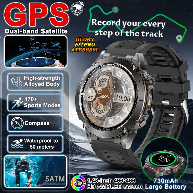 2025 New Military Outdoor Sport Smart Watch Men's 730 mAh Battery Waterproof GPS Satellite Positioning Health Fitness Smartwatch