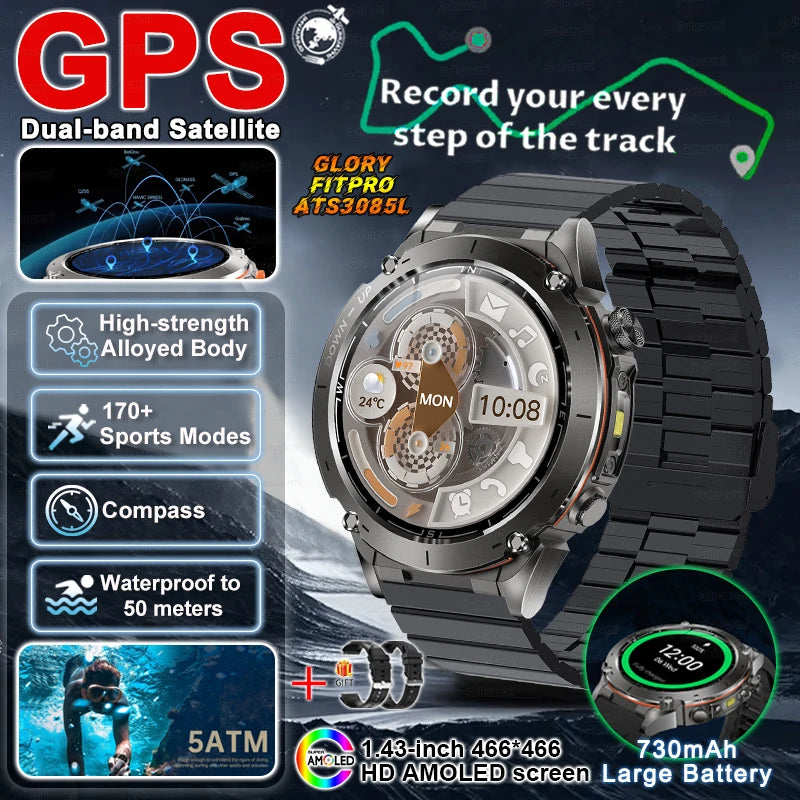 2025 New Military Outdoor Sport Smart Watch Men's 730 mAh Battery Waterproof GPS Satellite Positioning Health Fitness Smartwatch