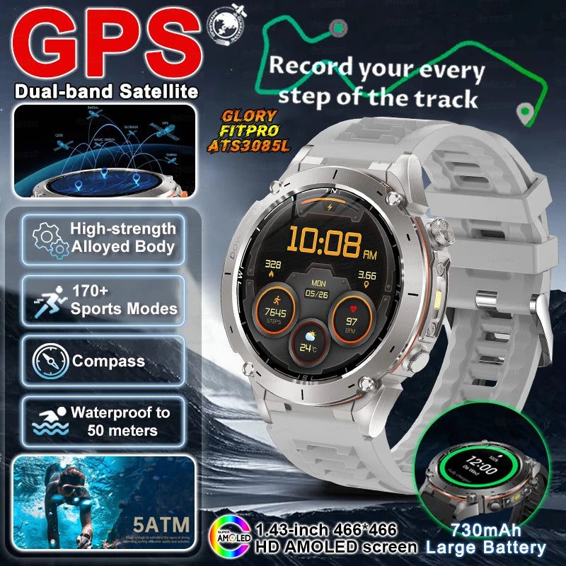 2025 New Military Outdoor Sport Smart Watch Men's 730 mAh Battery Waterproof GPS Satellite Positioning Health Fitness Smartwatch